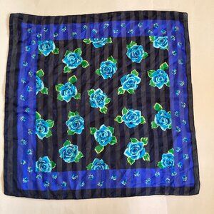 Vintage Blue Roses Rose Flower Scarf Floral 20 X 20" Made in Italy Chiffon Green